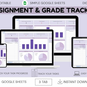 Simple Assignment and Grade Tracker Google Sheet: Student Spreadsheet Planner (Digital Downloads)