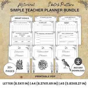 May include: A printable PDF teacher planner bundle with a historical sketch pattern. Includes pages for smart goals, attendance, birthdays, schedules, class lists, personal info, and lesson plans. Sizes include Letter 8.5x11 in, A4, and A5.