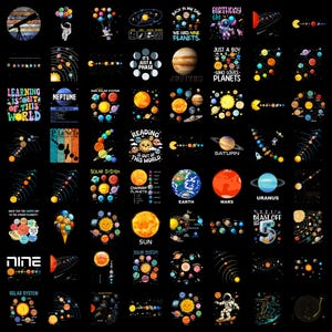 May include: A collection of sixty-four individual graphic designs featuring space-themed illustrations, including planets, the sun, astronauts, solar system diagrams, and text such as Learning Is Out Of This World, Jupiter, and Blast Off.