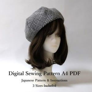 May include: A black and white plaid beret on a mannequin head. The beret is a classic style with a rounded crown. Text on the image reads: Digital Sewing Pattern A4 PDF, Japanese Pattern & Instructions, 3 Sizes Included.