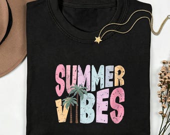Summer Vibes Palm Graphic Tee,Vintage Distressed Print Shirt,Retro Pastel Color Top,Womens Beach Vacation Cotton Tee,Coastal Casual Outfit