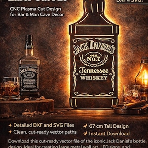 May include: A digital design file for a Jack Daniel's bottle, suitable for laser cutting. The design is 67 cm tall and includes detailed DXF and SVG files. Ideal for bar and man cave decor.