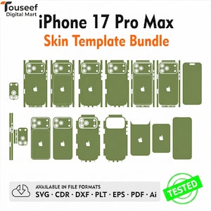 May include: An olive green iPhone 17 Pro Max skin template bundle. The image shows various cutouts for the phone's body, camera, and sides. The text "iPhone 17 Pro Max Skin Template Bundle" is displayed in black and orange.