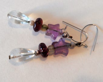 Purple Amethyst Star and Crystal Drop Handmade Earrings
