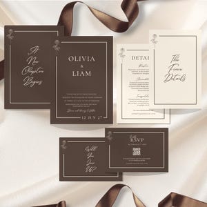 May include: A set of dark brown and cream wedding stationery including an invitation, RSVP card, and details card. Each piece features a thin border, a line-art rose illustration, and elegant serif and script typography with white text.