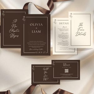 Espresso brown Minimalist Wedding Invitation, Chocolate brown Elegant wedding Invite with qr code, Espresso brown wedding bundle template