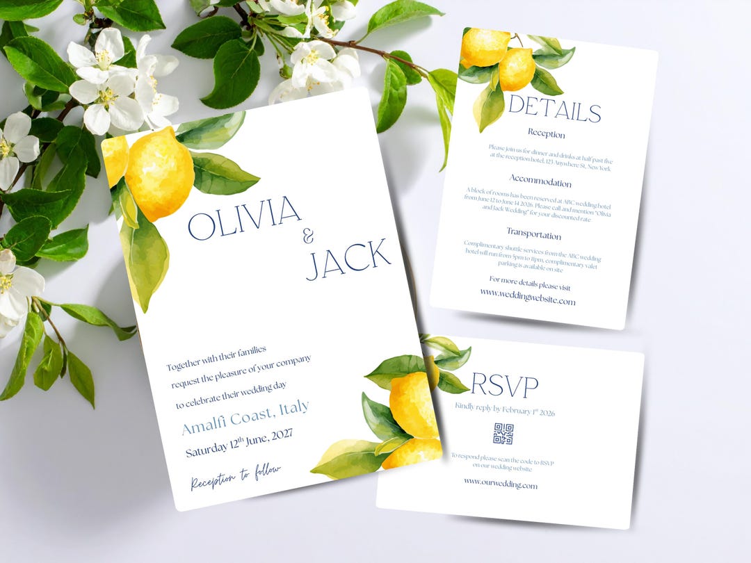 Lemon Citrus Amalfi Coast Theme Wedding Invitation With QR Code ...