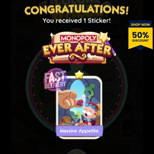 Pegatina de 1 estrella para Monopoly GO – Ever After Album, ¡Apetito masivo! Envío rápido.