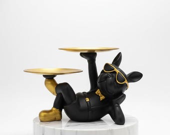 Bandeja con figura de perro y oso en oro negro, organizador de lujo moderno, soporte para llaves y dulces.