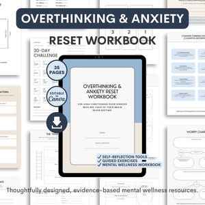 Overthinking Workbook Printable Template Editable Anxiety Mental Health Journal Self Reflection CBT Style Calm Mind Worksheets