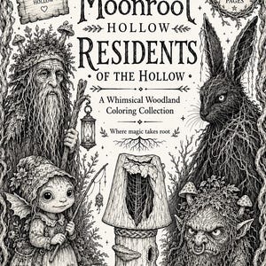 May include: A black and white coloring book cover titled Moonroot Hollow Residents of the Hollow featuring detailed illustrations of a bearded figure, a small creature with a fishing rod, a large rabbit, and a troll-like being among mushrooms.