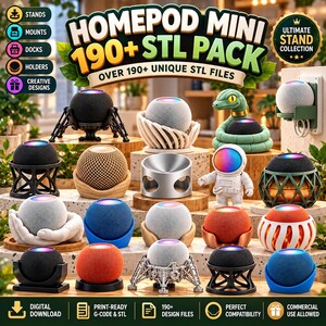 Bundel met meer dan 190 STL-bestanden voor HomePod Mini-standaards, meer dan 190 3D-printbestanden, STL-bestanden voor luidsprekerstandaards, HomePod Mini-houder, dockhouder, 3MF G-code en een digitale download.