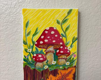 Cielo giallo, tre funghi. Dipinto acrilico di funghi.