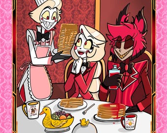 May include: A colorful illustration featuring three animated characters at a table with stacks of pancakes. One character wears a chef hat and apron, another holds a bottle, and a third sits between them. Text reads WHO'S UP FOR PANCAKES? 1ST EDITION.