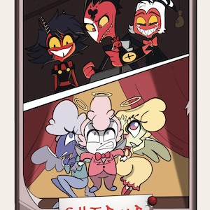 May include: A framed illustration featuring two distinct scenes. The top panel shows three animated characters with red and black features. The bottom panel depicts three winged characters with halos. A white label at the bottom reads C.H.E.R.U.B.
