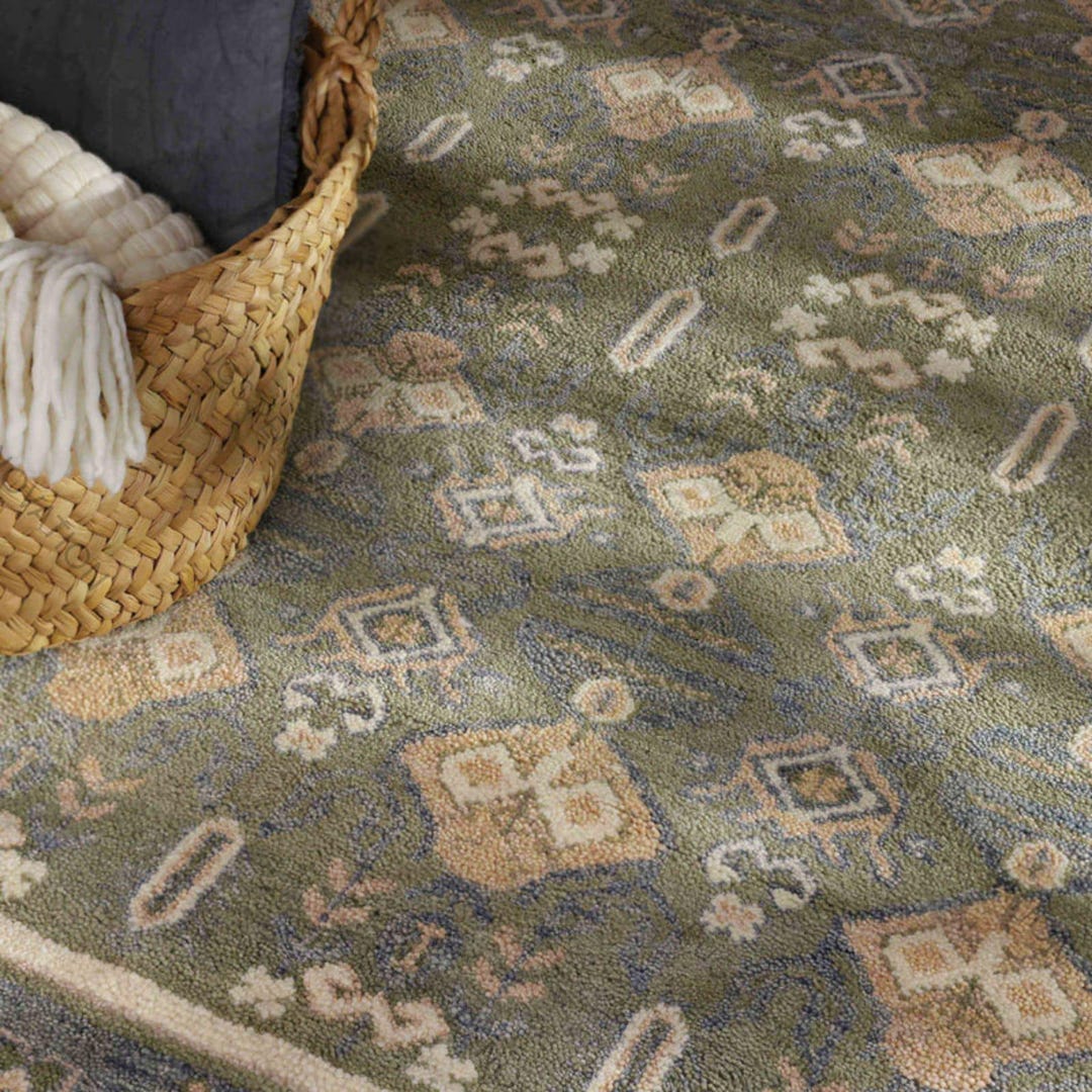 Olive Green Rugs Pattern Hand Knotted Wool Rug Olive Green Beige Traditional Floral Geometric ...