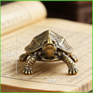 Könnte beinhalten: Eine detaillierte Bronze-Schildkrötenfigur, 3 cm hoch und 7 cm lang. Die Schildkröte hat einen kunstvoll gemusterten Panzer und steht auf einem alten Buch. Ein dekorativer Artikel.