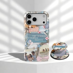 May include: A phone case and matching pop socket featuring a collage design with beach imagery, sailboats, and the text "THE SUMMER I TURNED PRETTY". The case has a white border and a glossy finish.