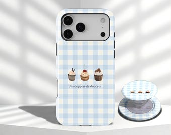 French Dessert Blue And White Checkered Macaron Cake Phone Case For iPhone 17 16 15 14 13 12 11 Pro Max,Samsung Galaxy S26 S25 S24 S23 Ultra
