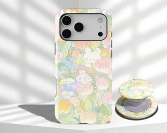 Cute Girl and Tulips Phone Case Kawii Rabbit Colorful Flower Art Cover For iPhone 17 16 15 14 13 12 11 Pro Max, Samsung Galaxy S26 S25 Ultra