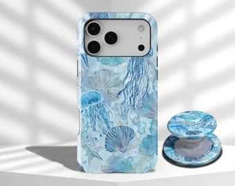 Blue Watercolor Jellyfish Phone Case Sea Shell Ocean Beach Aesthetic iPhone 17 16 15 14 13 12 Pro Max, Samsung Galaxy S26 S25 S24 S23 Ultra