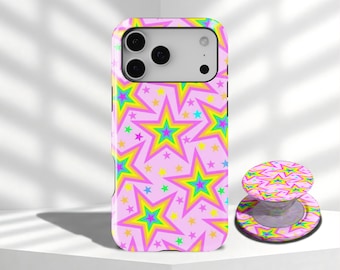 May include: A pink phone case and matching phone grip featuring a repeating pattern of colorful stars. The stars have a yellow, green, and blue gradient, with a pink outline. The phone case is designed to fit a smartphone.