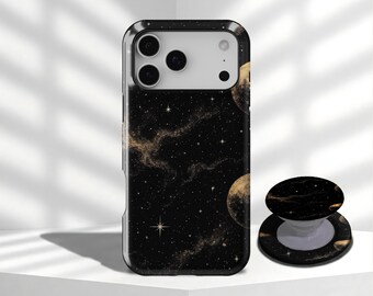 Black Gold Star Phone Case, Retro Romantic Y2K Universe Starry Sky for iPhone 17 16 15 14 13 12 11 Pro Max, Samsung Galaxy S26 S25 S24 Ultra