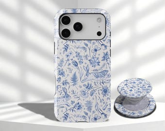 Blue Phone Case Vintage Rabbit Floral Cottagecore Aesthetic Cover iPhone 17 16 15 14 13 12 11 Pro Max, Samsung Galaxy S26 S25 S24 S23 Ultra