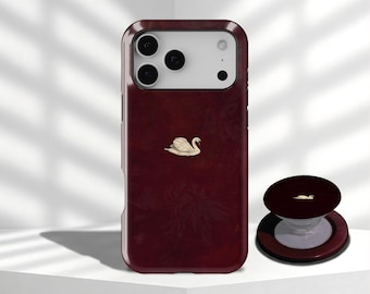 Burgundy Swan Phone Case, Minimalist Gold Swan Design, iPhone 17 16 15 14 13 12 11 Pro Max, Samsung Galaxy S26 S25 S24 Ultra, Dark Burgundy