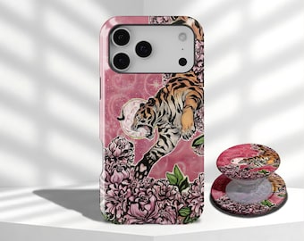Tiger Pink Phone Case Retro Vintage Art Floral Wildlife Botanical For iPhone 17 16 15 14 13 12 11 Pro Max, Samsung Galaxy S26 S25 S24 Ultra