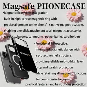 May include: Black phone case with the word "GUINNESS" printed on it. The case is designed for magnetic accessories and offers drop and scratch protection. The image also includes text that says "Magsafe PHONECASE". Pink flowers are in the background.