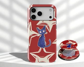 Retro Red Star Blue Cat Phone Case Y2K Aesthetic Celestial Phone Cover For iPhone 17 16 15 14 13 12 11 Pro Max,Samsung Galaxy S26 S25 Ultra