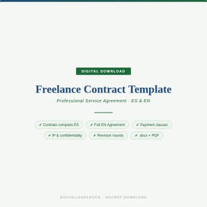 May include: A digital download graphic with the text "Freelance Contract Template" in dark blue. The text "Professional Service Agreement - ES & EN" is below. Bullet points list contract features, including "Full EN Agreement" and ".docx + PDF".