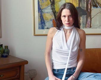 handmade mesh neckholder top with waterfall collar and super long cords