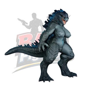 May include: A gray Godzilla figure with blue accents on its dorsal fins and head. The figure has a detailed, textured skin and an open mouth revealing teeth. The figure is in a standing pose, with a long tail and clawed feet. The background includes a silhouette of a person.