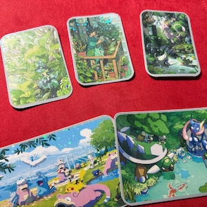 May include: Five rectangular stickers with rounded corners, featuring colorful illustrations. The stickers depict various scenes with cartoon characters in lush, green environments, including gardens and landscapes. The stickers are set against a red background.