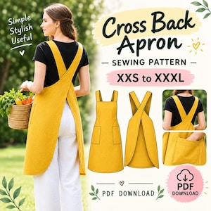 Puede incluir: Un patrón de costura para delantal con espalda cruzada, disponible en tallas de XXS a XXXL. El diseño presenta un delantal sin mangas con tirantes anchos que se cruzan en la espalda y dos bolsillos delanteros grandes. Incluye descarga en PDF.