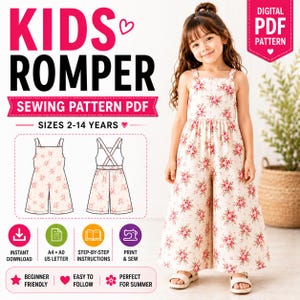 May include: A digital PDF sewing pattern for a kids' romper in sizes 2-14 years. The pattern features a floral print jumpsuit with wide legs and shoulder straps. The image includes text labels, a line drawing of the garment, and icons for download.