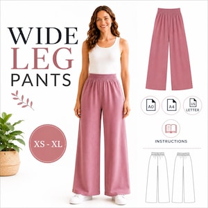 May include: A sewing pattern for wide leg pants in dusty rose. The image displays the text WIDE LEG PANTS, XS-XL, and INSTRUCTIONS. It includes icons for A0, A4, and US Letter paper sizes, along with a technical line drawing of the pants.