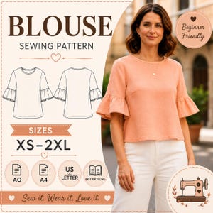 Flare Sleeve Blouse Sewing Pattern PDF, Ruffle Sleeve Top , women DIY crop blouse, Beginner Friendly Top Pattern, a0 a4 US Letter, xS-2xL
