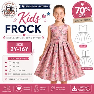 Può includere: Un cartamodello PDF per un vestito senza maniche per bambini con stampa floreale nei toni del rosa, rosso e verde. Il modello include le taglie 2Y-16Y, con schizzi tecnici che mostrano una gonna a pieghe e una chiusura a zip sul retro.