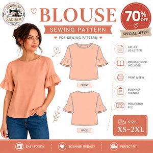 May include: A digital sewing pattern for a peach-coloured blouse with ruffled sleeves. The graphic displays the front and back views of the garment, along with text indicating PDF format, size range XS-2XL, and compatibility with A0, A4, and US letter paper.