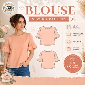 Ruffle Sleeve Blouse Sewing Pattern PDF, Flare Sleeve Top Pattern, Women's Blouse Sewing Pattern, Printable PDF Pattern XS-2XL