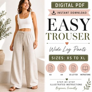 Könnte beinhalten: Ein digitales PDF-Schnittmuster für eine einfache Hose mit weitem Bein in den Größen XS bis XL. Das Dokument enthält A0-, A4- und US-Letter-Formate mit schrittweisen, illustrierten Anleitungen für Anfänger in einem klaren, digitalen Layout.
