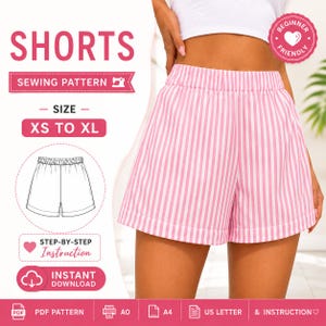 Cartamodello PDF per pantaloncini con elastico in vita, pantaloncini casual da donna, pantaloncini estivi per il relax, cartamodello stampabile per principianti, formato A0/A4 (US Letter), taglie XS-XL