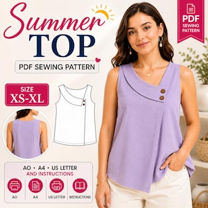 May include: A PDF sewing pattern for a sleeveless lavender top with an asymmetrical overlapping front panel and two brown buttons. The design includes a V-neckline, a back view illustration, and text indicating sizes XS-XL, A0, A4, and US Letter formats.