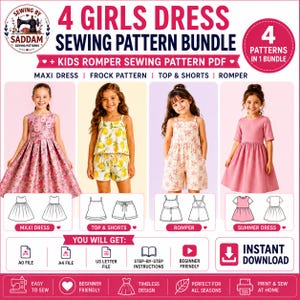 Puede incluir: Un paquete de patrones de costura digitales con cuatro diseños: un vestido largo floral, un conjunto de top y shorts con estampado de limones, un romper floral y un vestido de verano rosa liso. Incluye archivos A0, A4 y US letter con instrucciones.