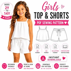 女の子用夏服型紙（PDF）｜子供用リネントップス＆ショートパンツセット｜ノースリーブトップス｜ウエストゴムショートパンツ｜A4、A0、USレターサイズ