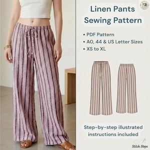 Op de afbeelding: Linnen broeken naaipatroon. De afbeelding toont een gestreepte linnen broek in een mauve en wit kleurenschema. Het patroon bevat PDF-formaat, AO, 44 & US Letter maten en maten XS tot XL. Stapsgewijze geïllustreerde instructies zijn inbegrepen.