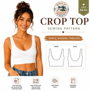 Patrón de costura PDF para top corto, top corto para mujer tallas XS-XL, patrón de top de verano para hacer tú misma, tamaño A4, A0 y carta estadounidense para imprimir.